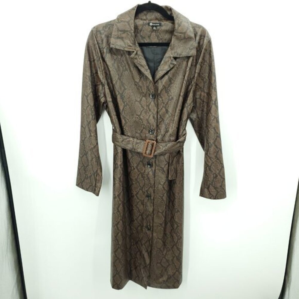 Versona Faux Snakeskin Long Line Belted Trench Coat L Brown/Black